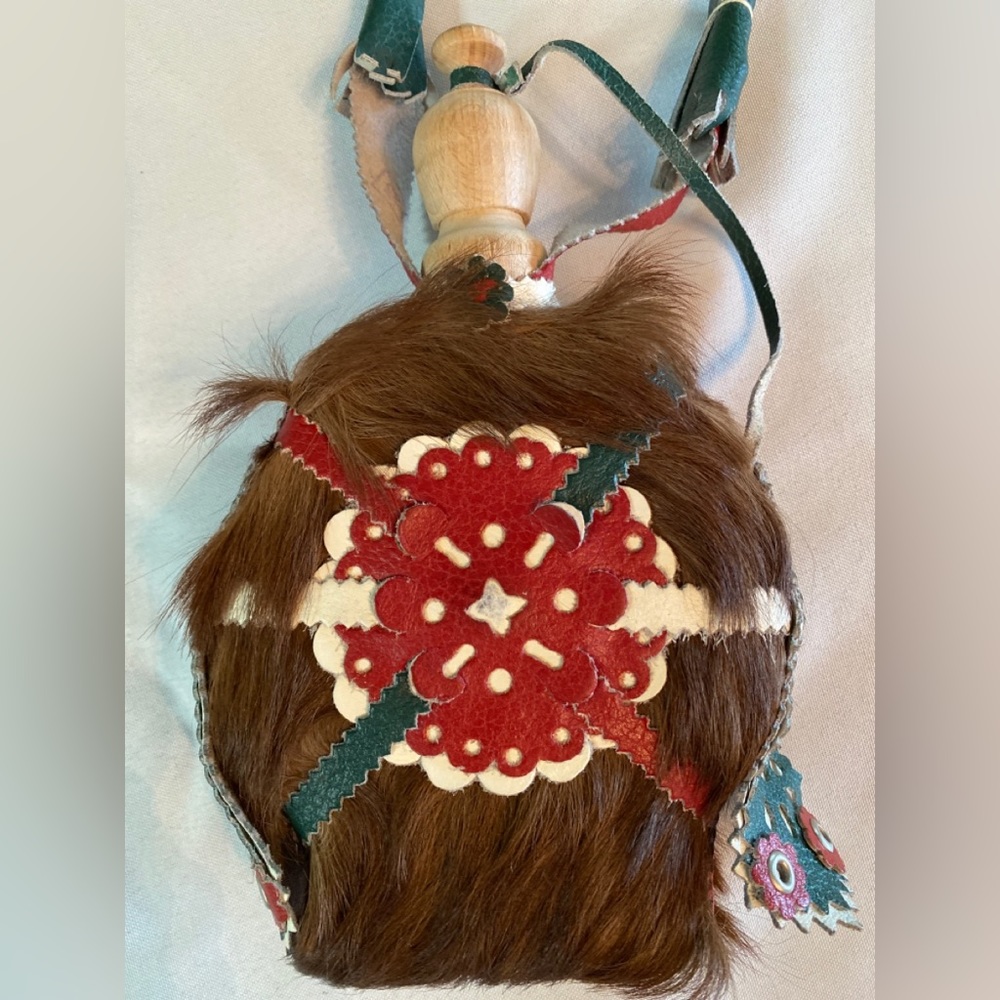 Vintage Hungarian Handmade Genuine Fur, Leather Wood Wrapped Wine Decanter Flask